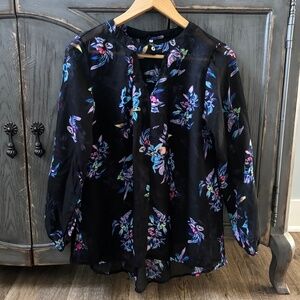 Face Face Black Floral Print Sheer High Low Blouse - M